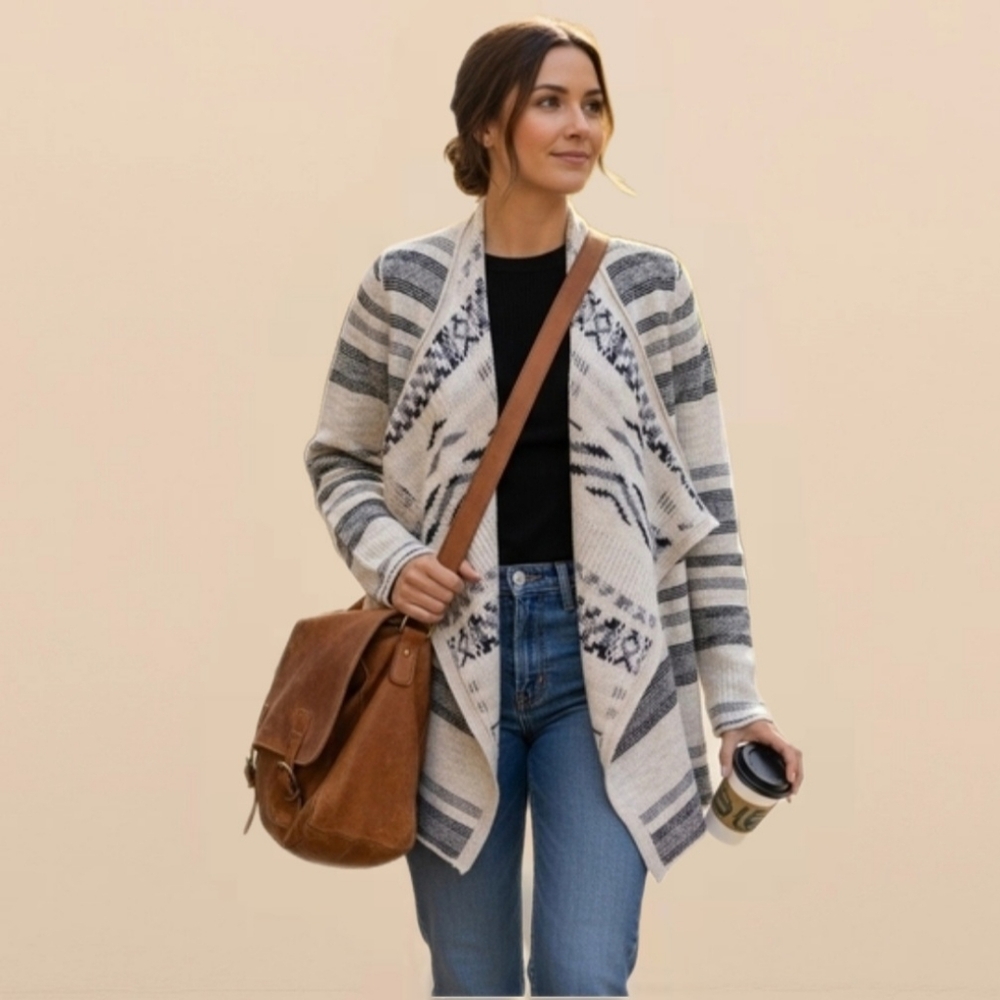 LUCKY BRAND Open Front Waterfall Cardigan Duster Ivory Black Gray $119 NWOT
